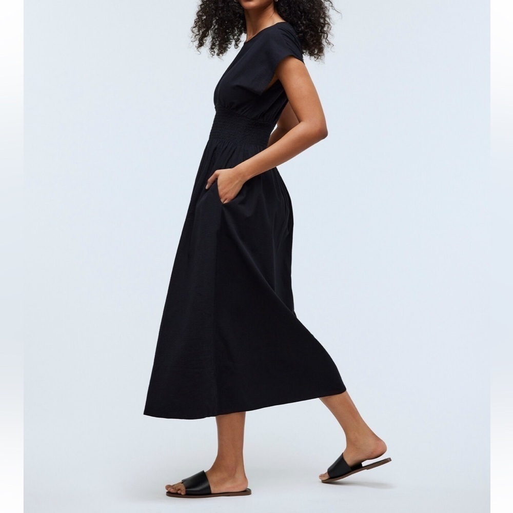 Madewell Smocked Waist Midi Dress Stripe Seersucker Linen Blend Black XS NWT - Picture 3 of 13
